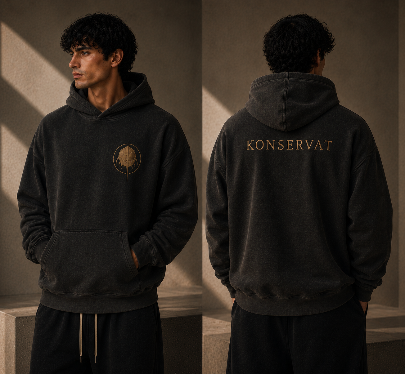 Black KONSERVAT hoodie front and back mockup